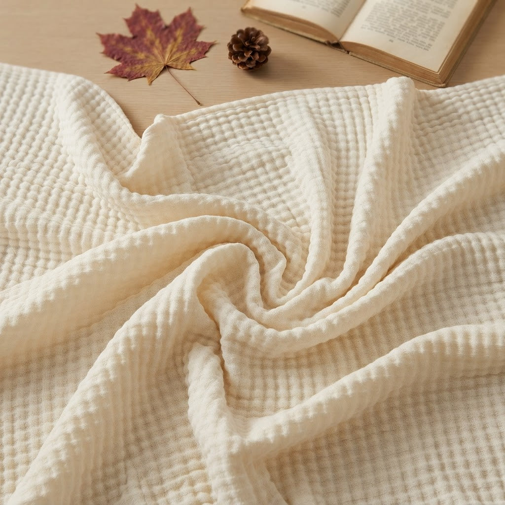 Cream white cotton muslin blanket folded and displayed