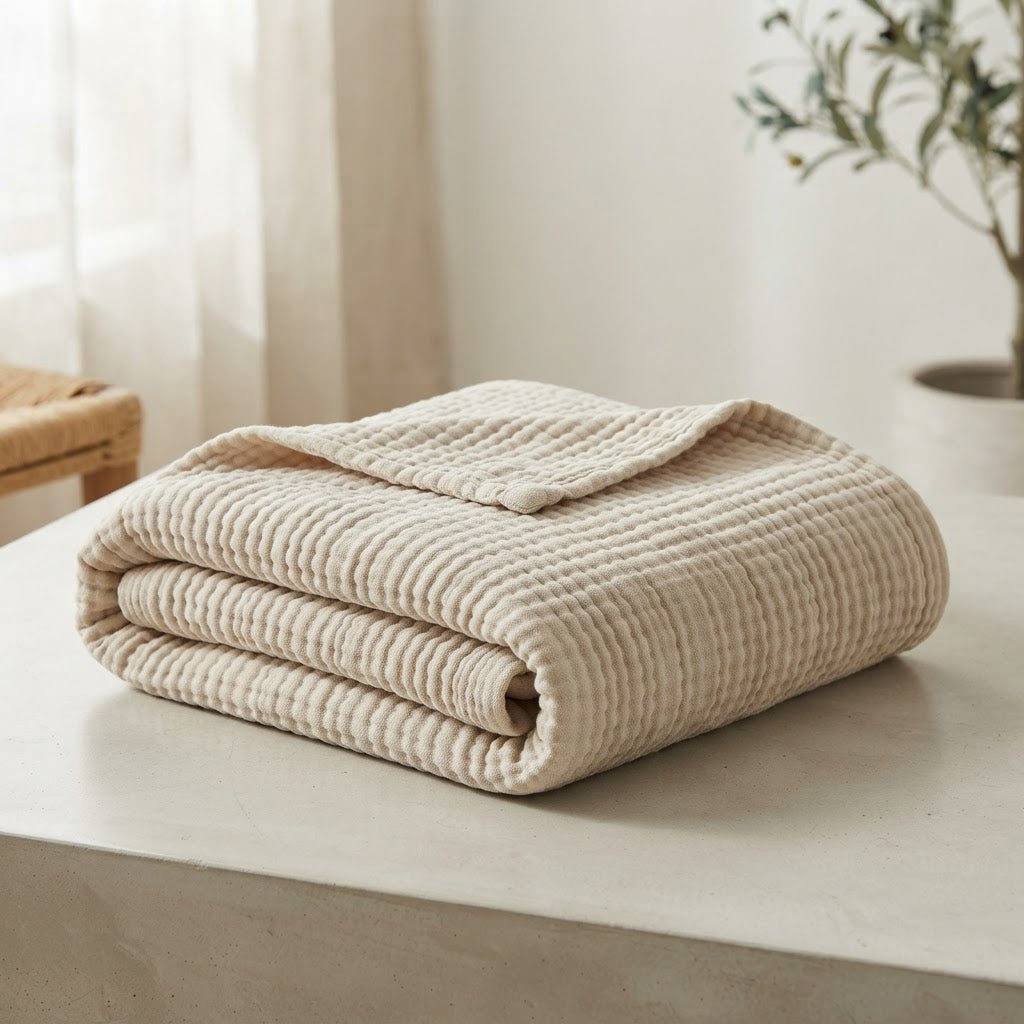 Folded oatmeal beige cotton muslin blanket showing crinkled waffle-weave texture